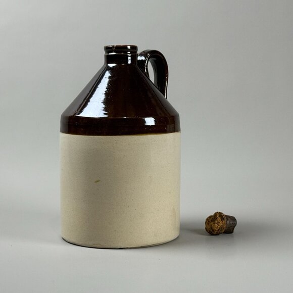 Vintage Half Gallon Rustic Stoneware Jug With Brown Glaze & Cork Stopper - Picture 4 of 7